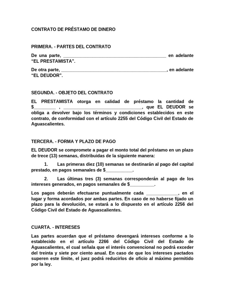 Contrato de Préstamo de Dinero Aguascalientes | PDF | Interés