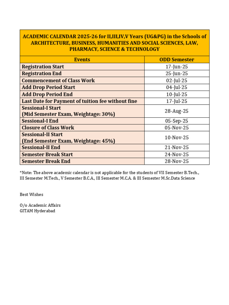 GITAM Academic Calendar 2025-26 | PDF