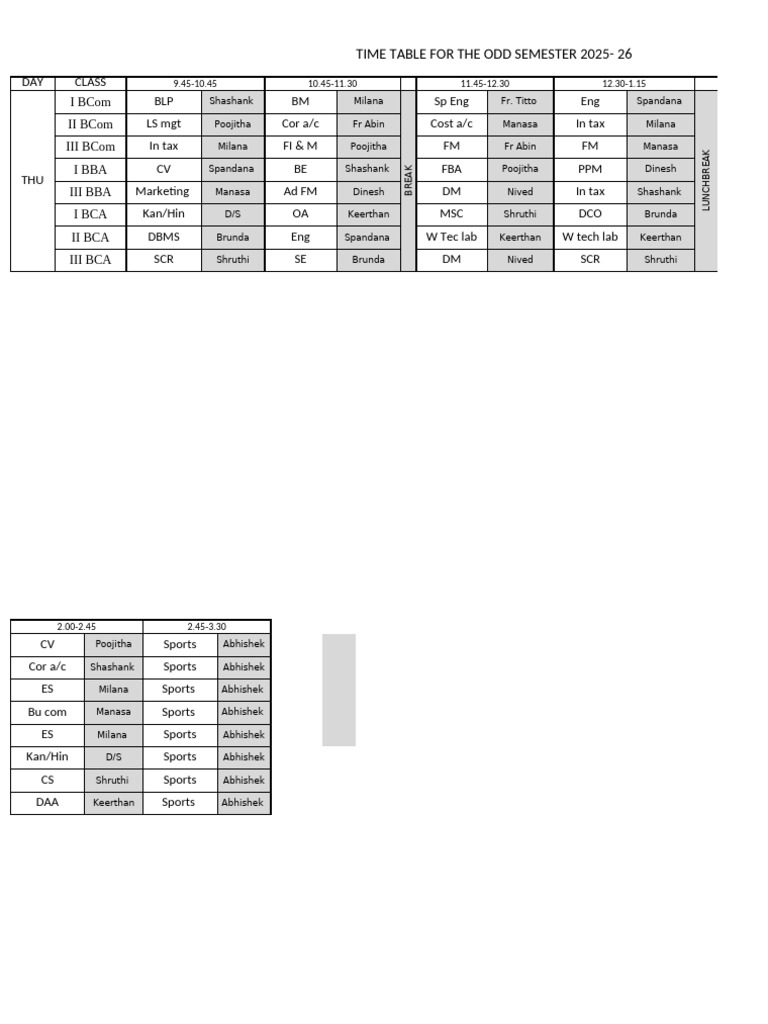 Time Table For Thursday | PDF
