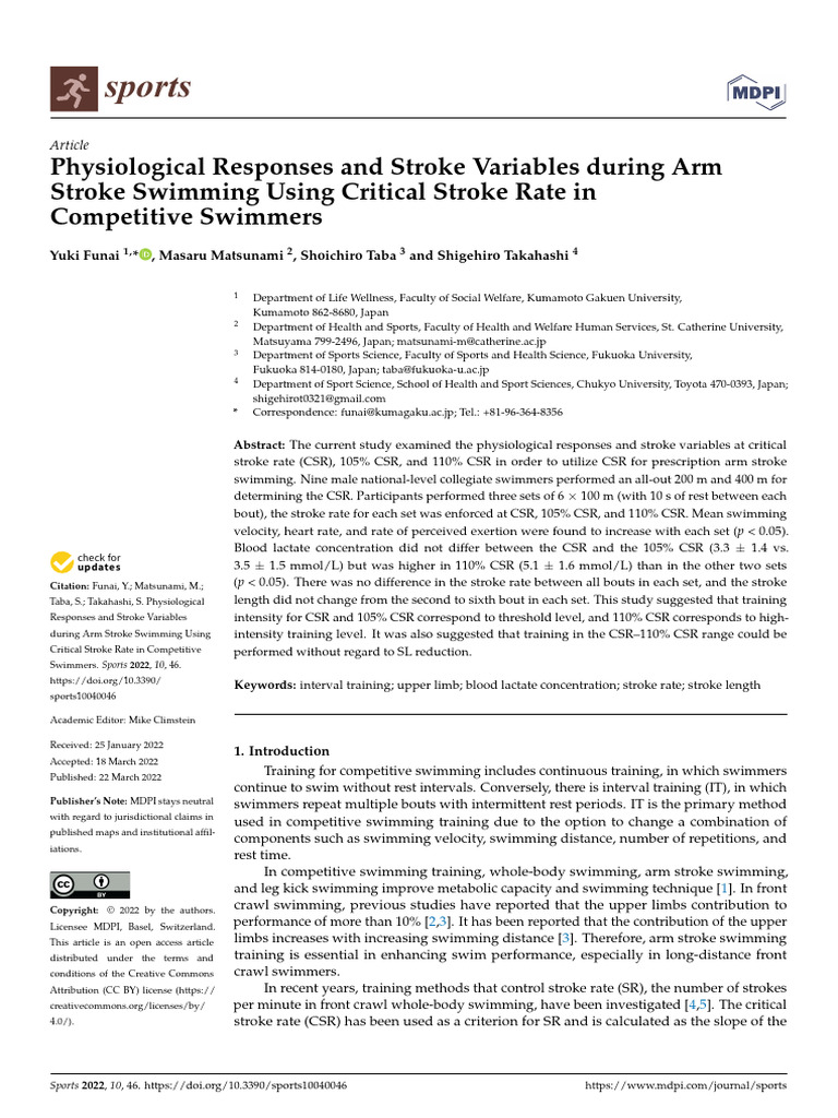 Physiological Responses and Stroke Variables During Arm Stroke Swimming ...