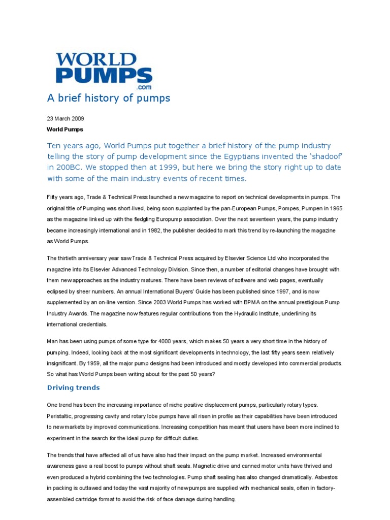 History Of Pump Industry Car Test Assessment