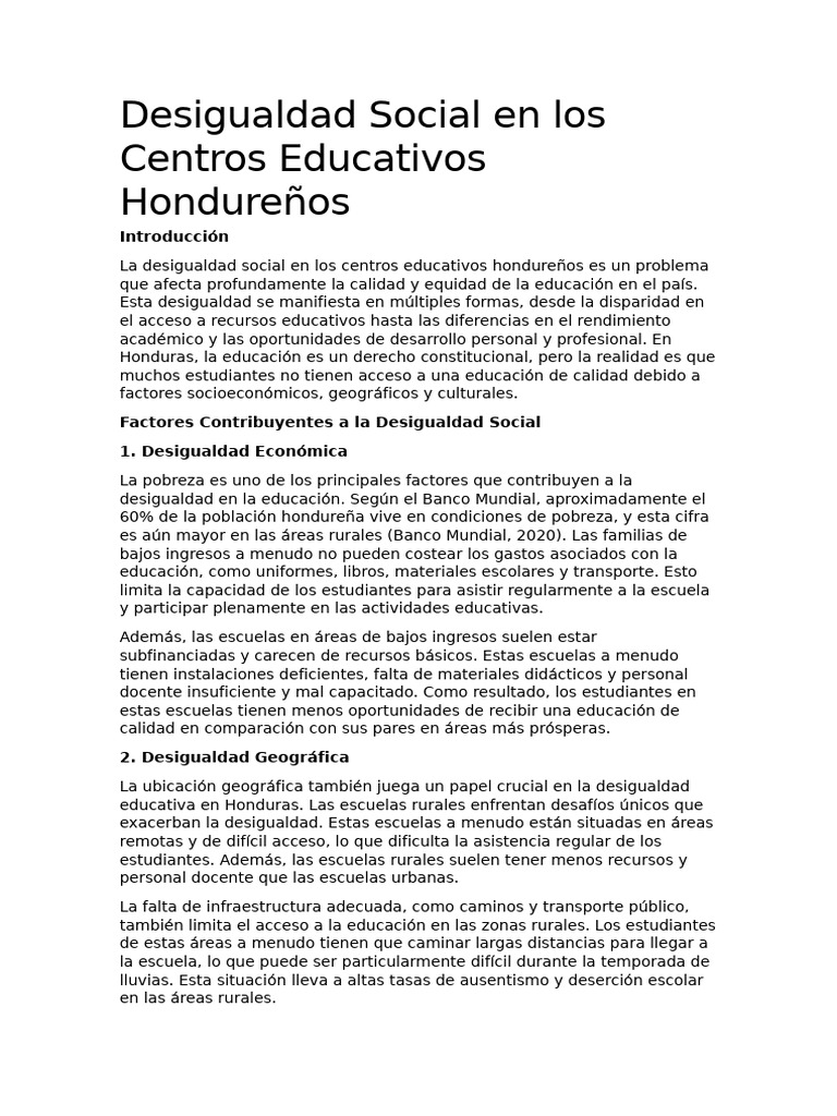 Desigualdad Social en Educación Honduras | PDF | Desigualdad social ...