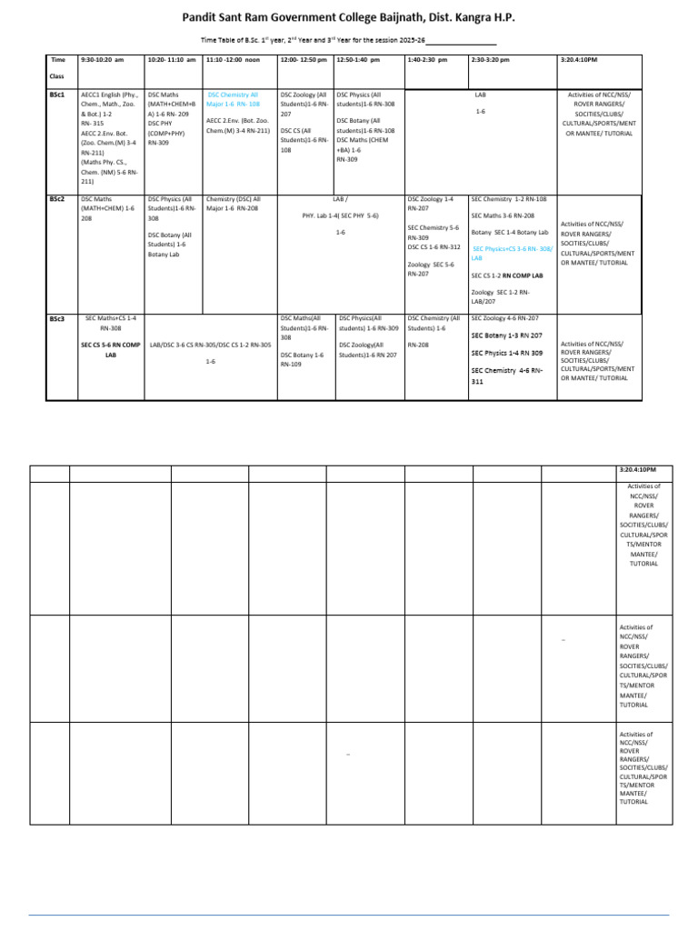 B.Sc, B.A, B.Com, B.B.A Timetable 2025-26 | PDF | Biology | Life Sciences
