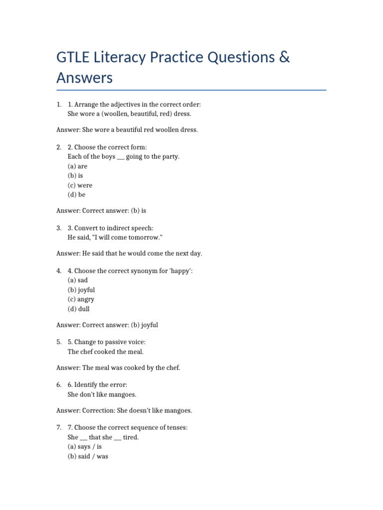GTLE Literacy Practice Questions Guide | PDF