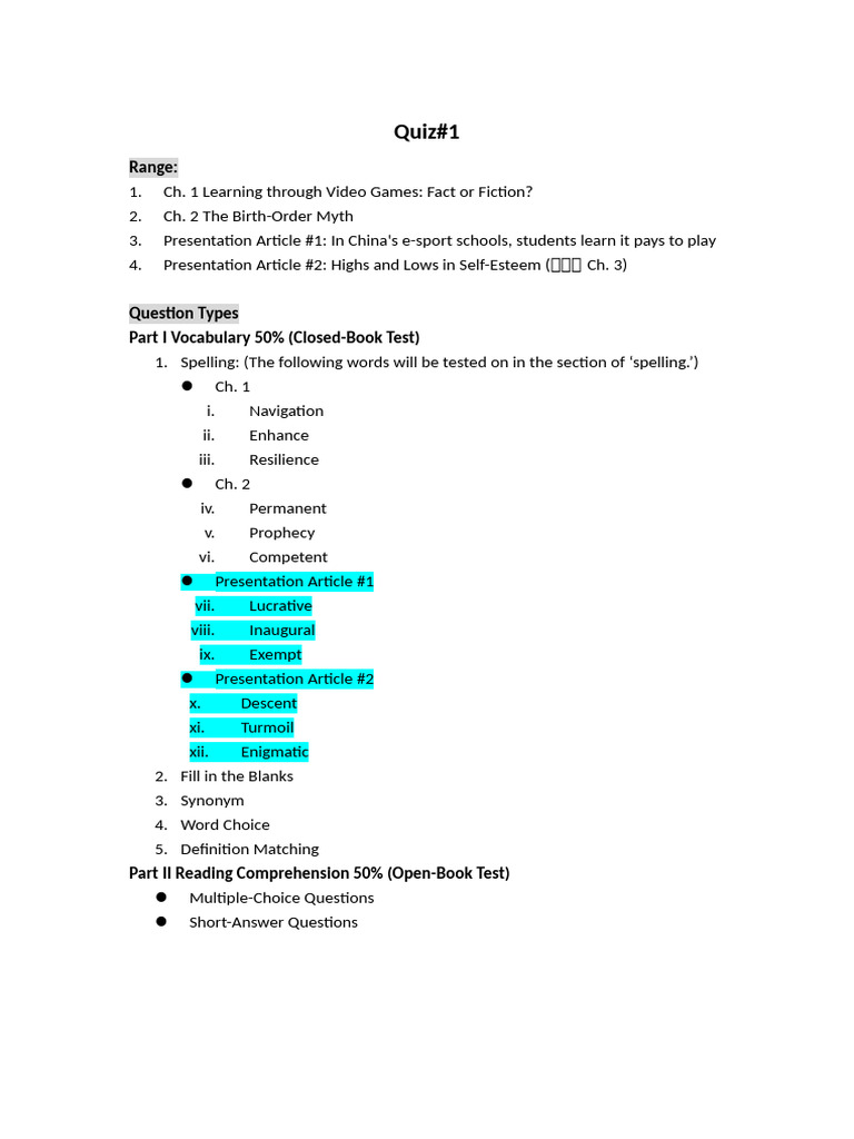 Quiz#1 Range and Question Types | PDF