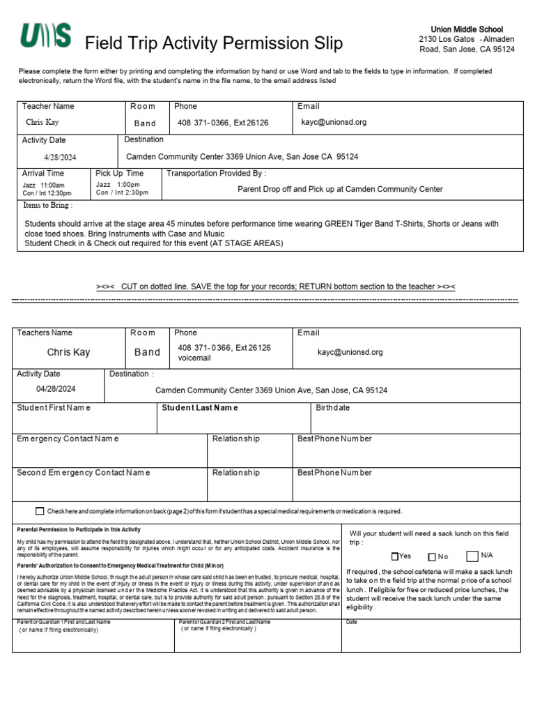 Union Middle School Field Trip Form | PDF