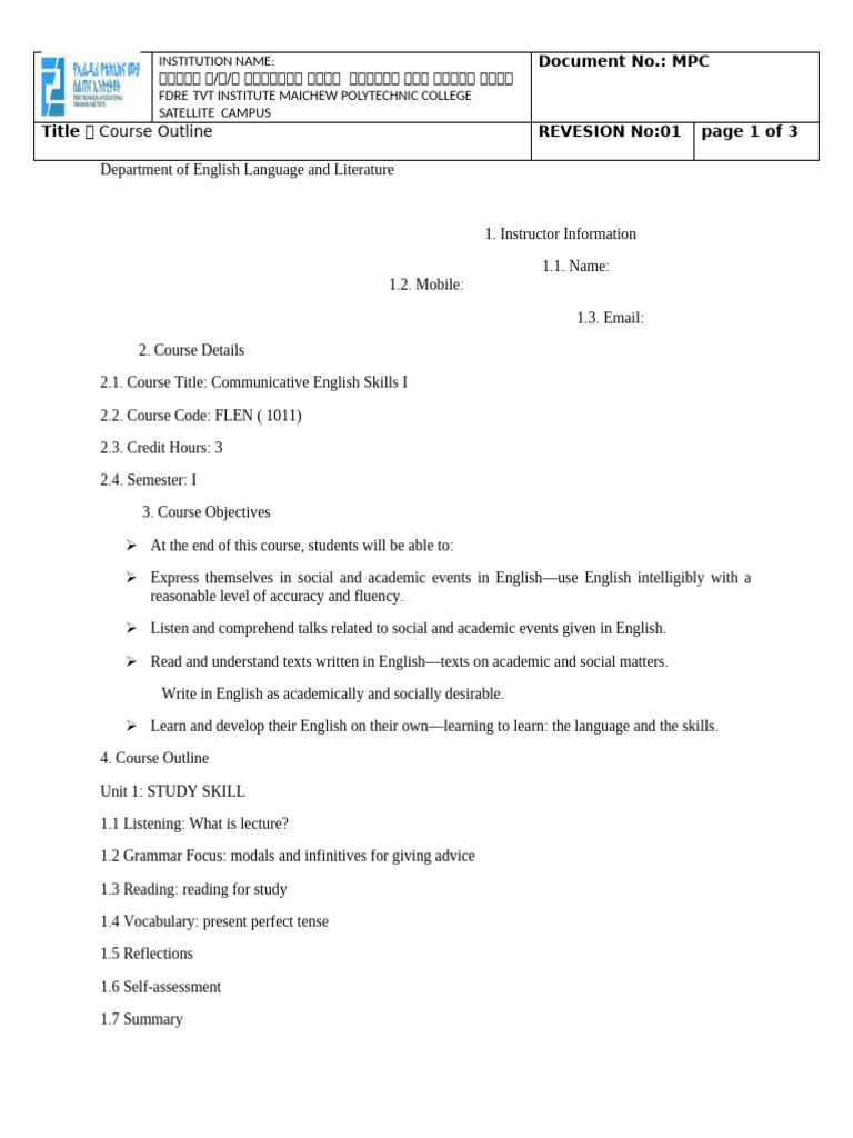 Course Aut Line For Communicative English Language Skill | PDF ...