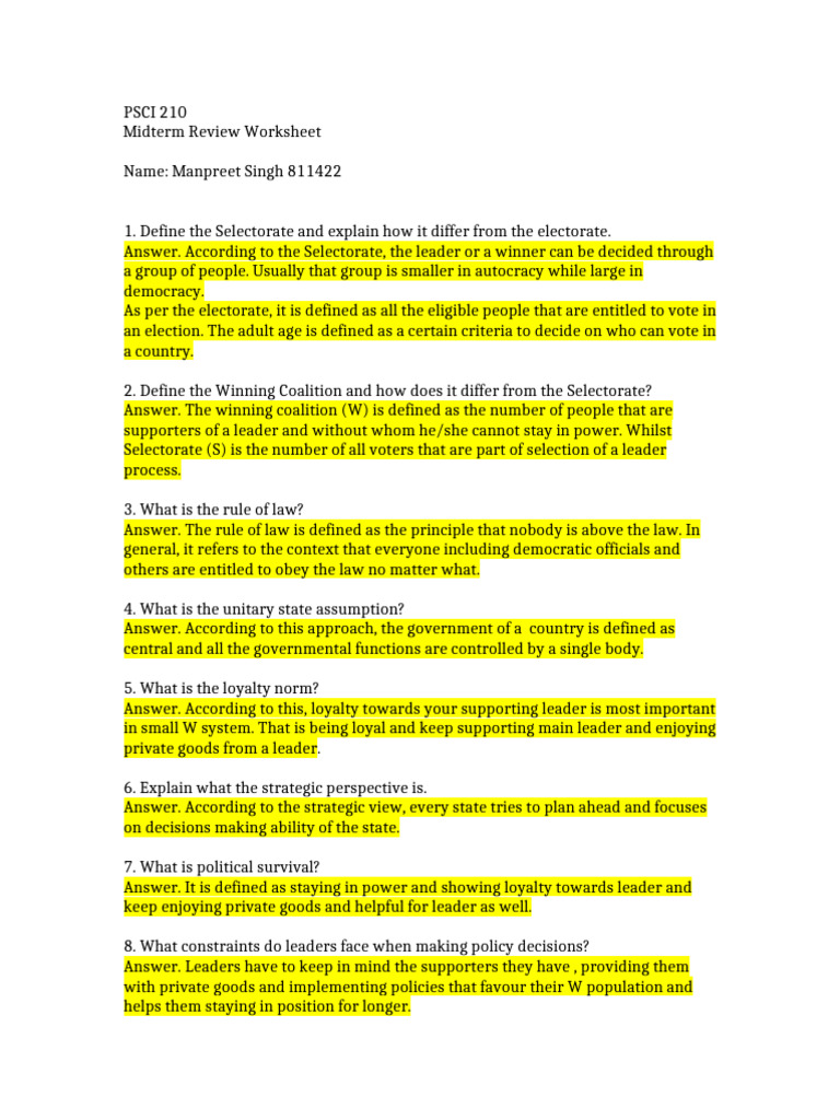 Midterm Review Worksheet #811422 | PDF | Democracy | Political Ideologies