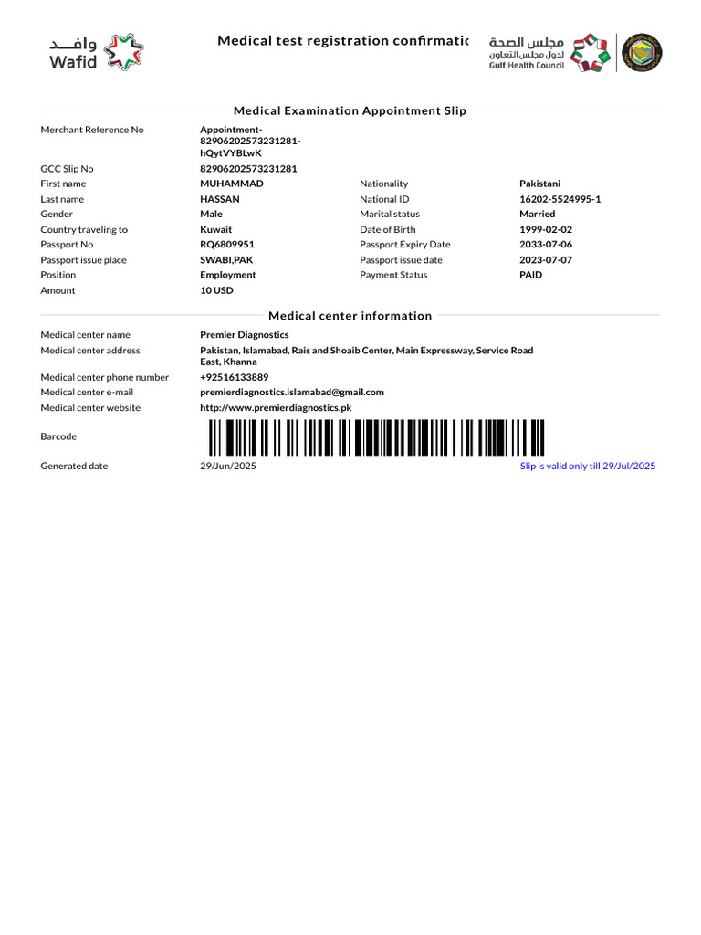 Medical Test Registration Confirmation | PDF