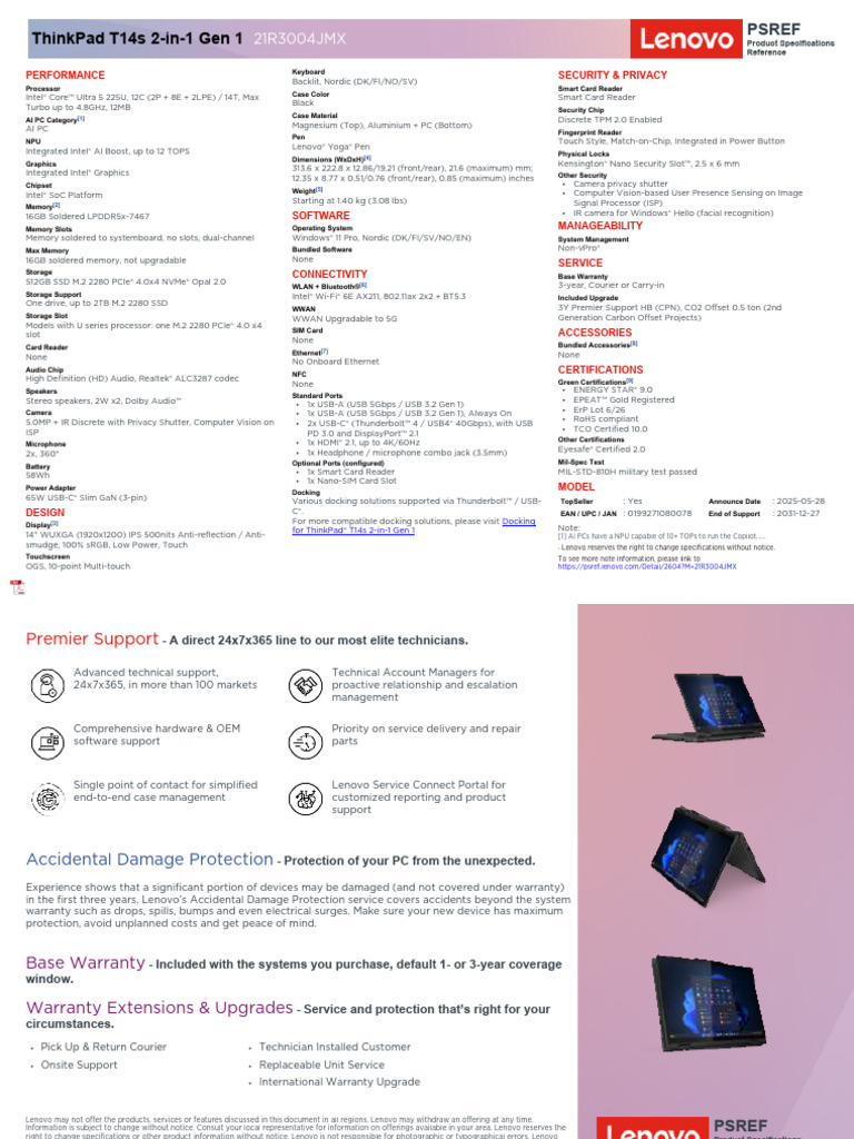ThinkPad T14s 2-in-1 Gen 1 Specs | PDF | Usb | Personal Computers