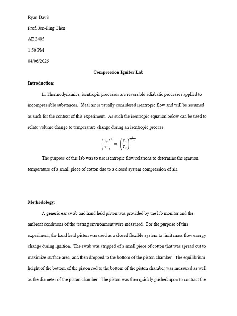 Compression Ignitor Lab PDF | PDF | Temperature | Continuum Mechanics