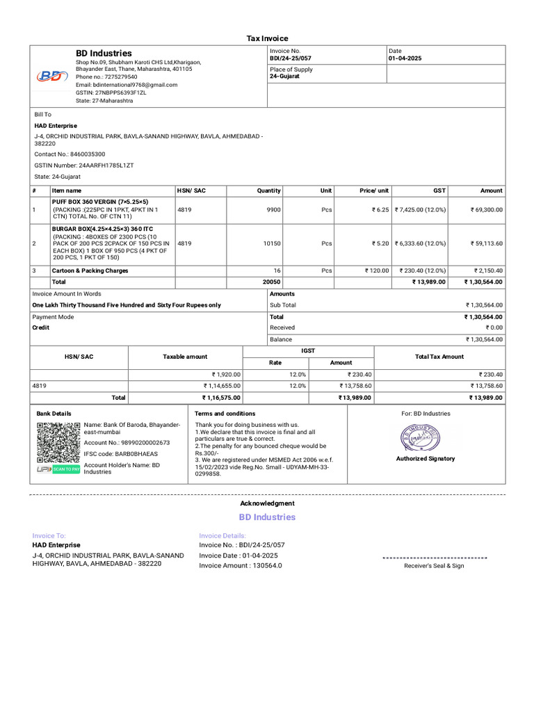 Invoice BDI/24-25/057 for HAD Enterprise | PDF | Invoice | Government ...