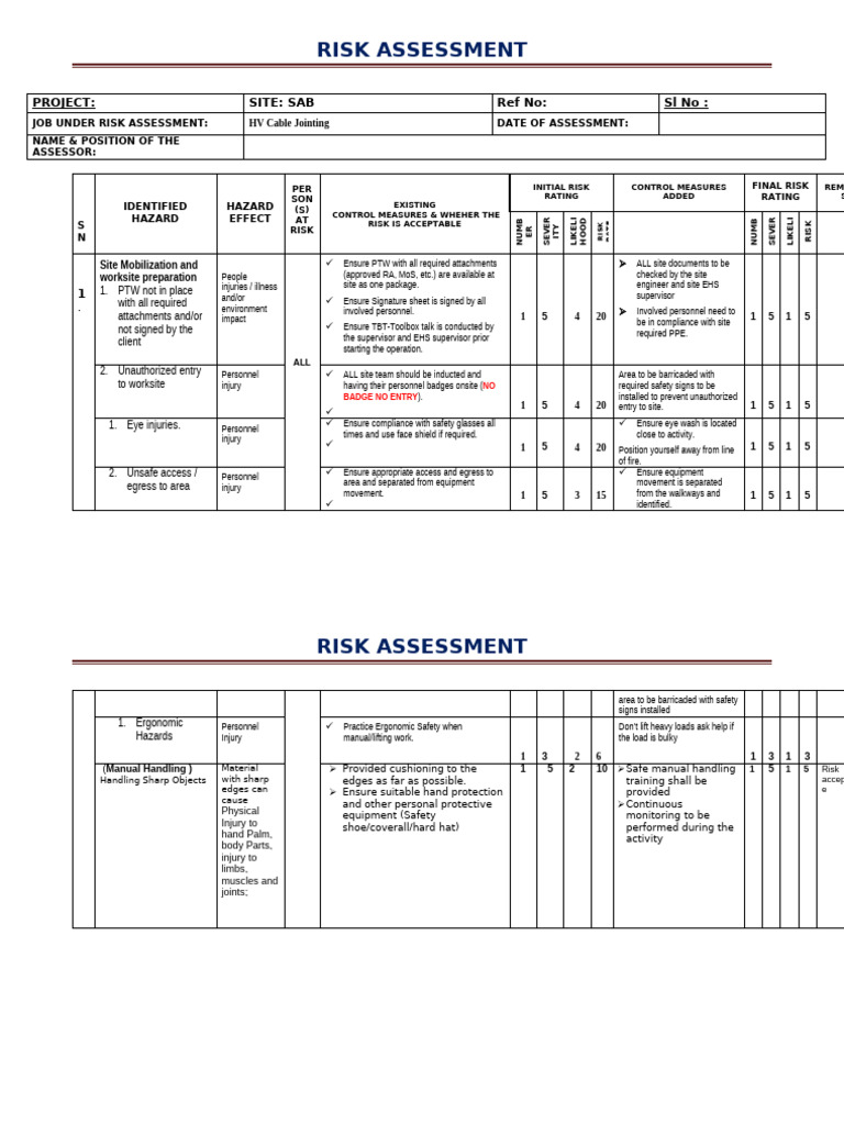 HV Cable Jointing Risk Assessment Guide | PDF | Occupational Safety And ...