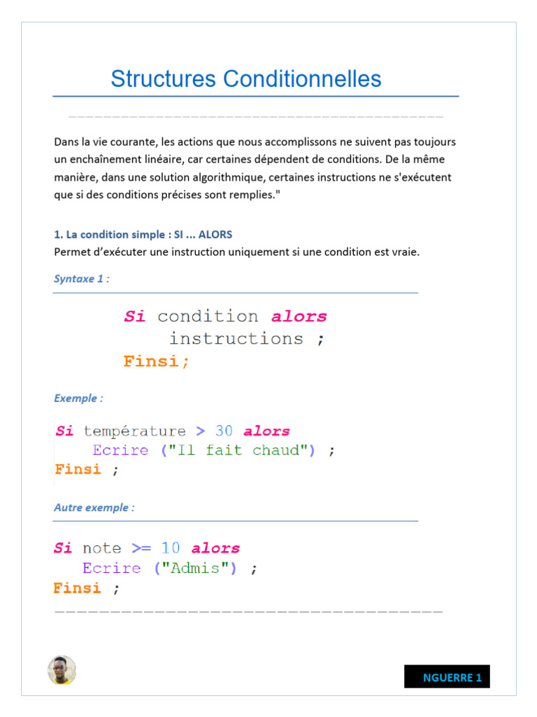 Structures Conditionnelles en Algorithmique | PDF
