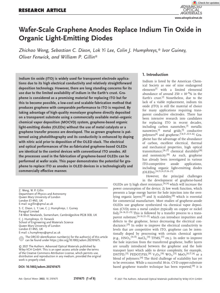 Advanced Optical Materials - 2021 - Weng - Wafer Scale Graphene Anodes ...