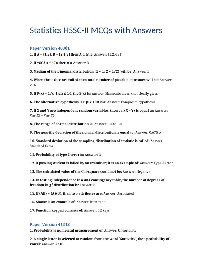 HSSC-II Statistics MCQs with Answers | PDF | Statistics | Statistical ...