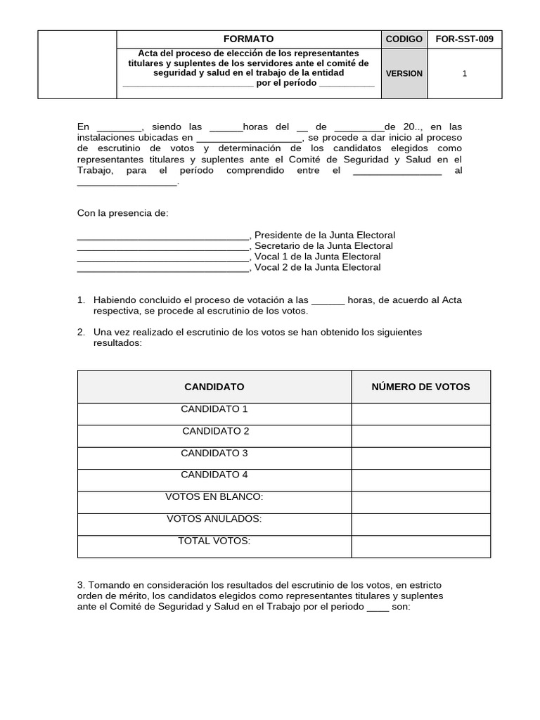 For-SST-009 V1 Acta Del Proceso de Elección de Los Representantes | PDF ...