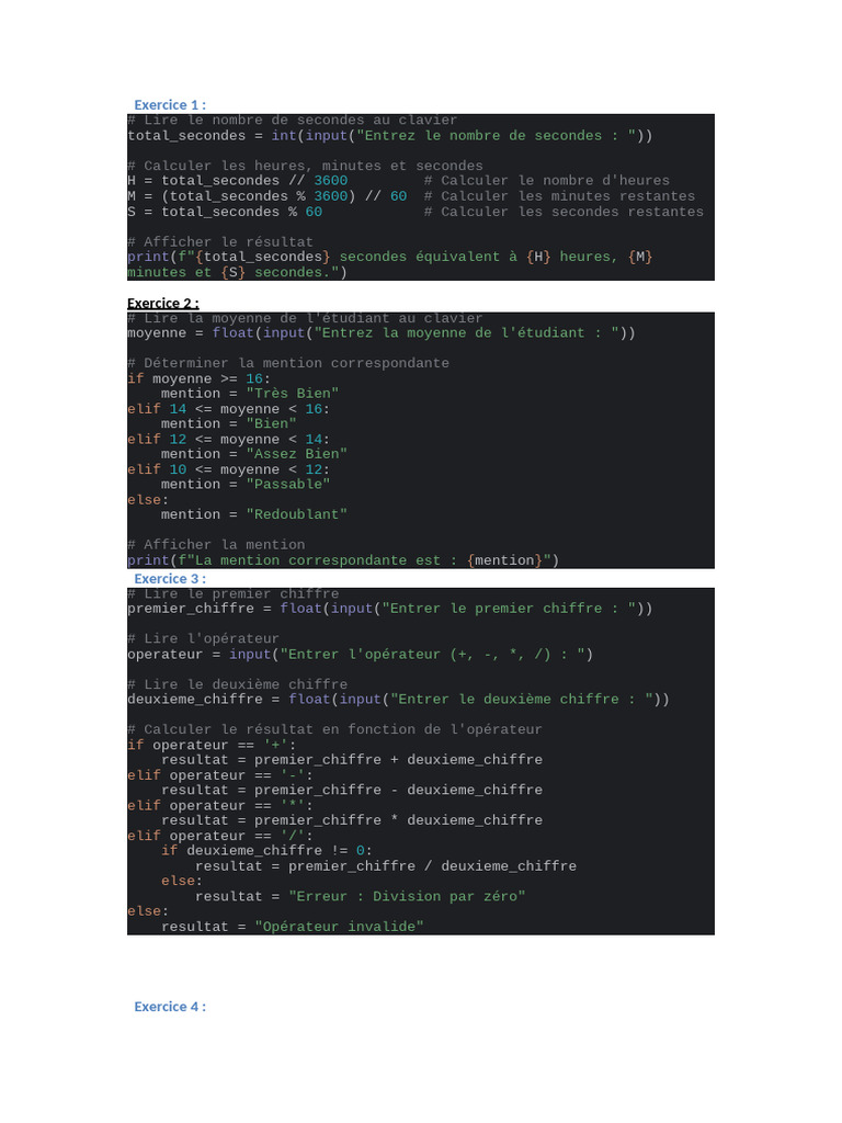 Exercices Python : Calculs et Logique | PDF | Programmation ...