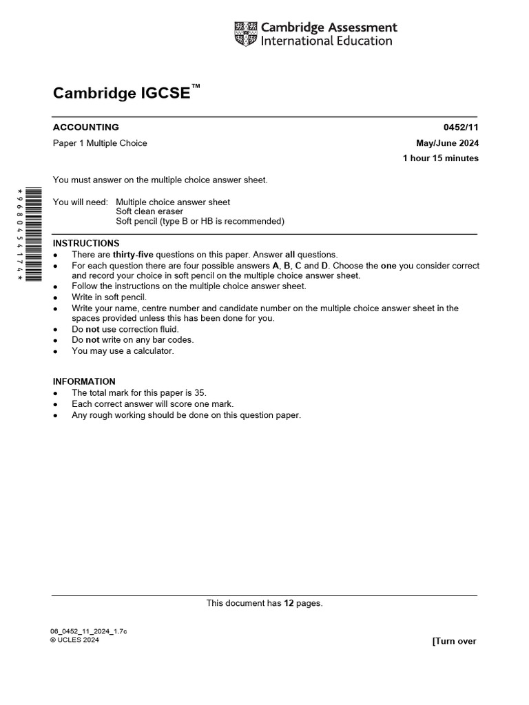 Cambridge IGCSE Accounting MCQ Paper 2024 | PDF | Debits And Credits ...