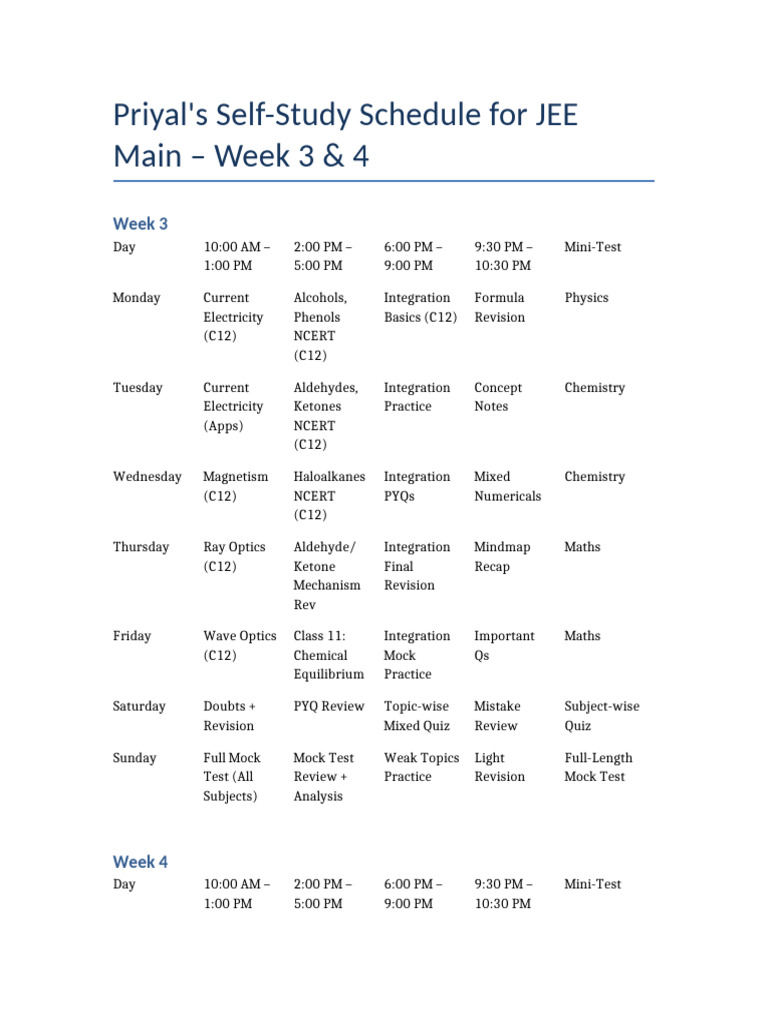 Priyal JEE Week3 Week4 Timetable | PDF | Chemistry | Applied And ...