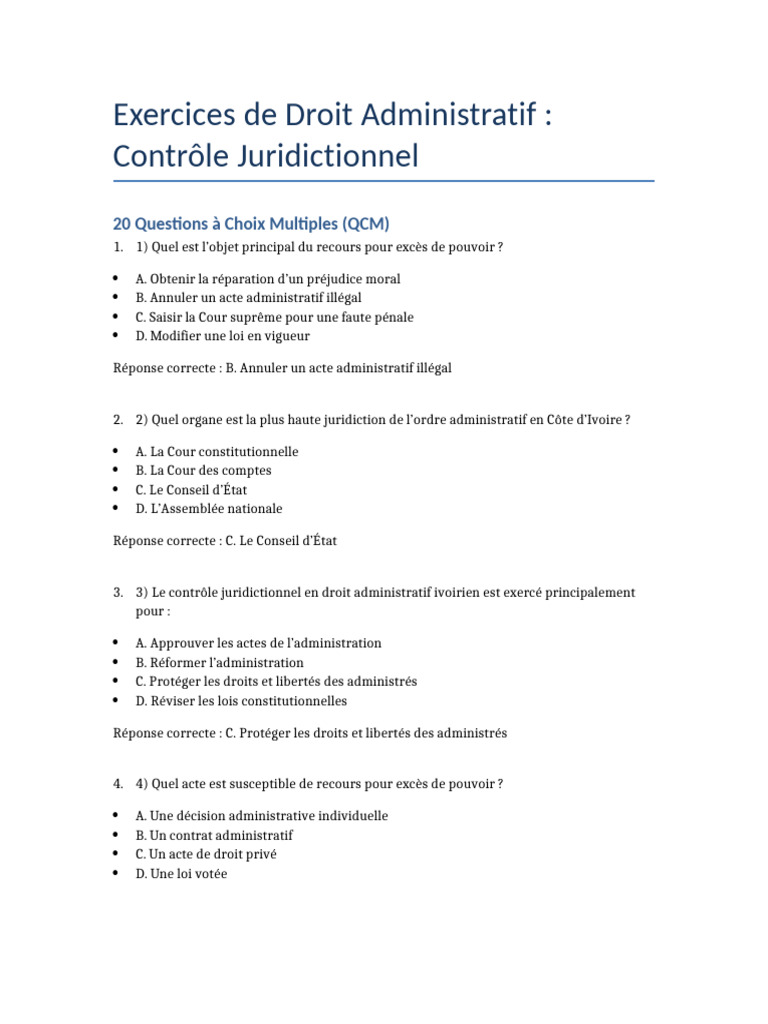 QCM sur le Contrôle Juridictionnel en Droit Administratif | PDF | Loi ...