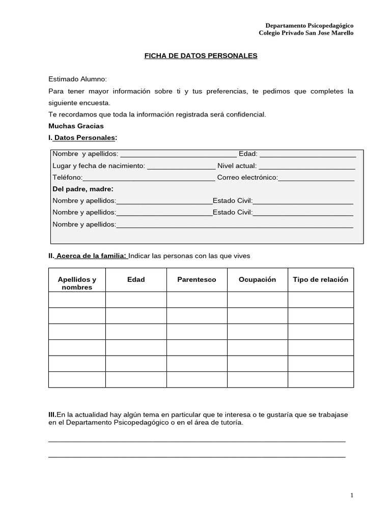 Ficha de Datos Personales del Alumno | PDF