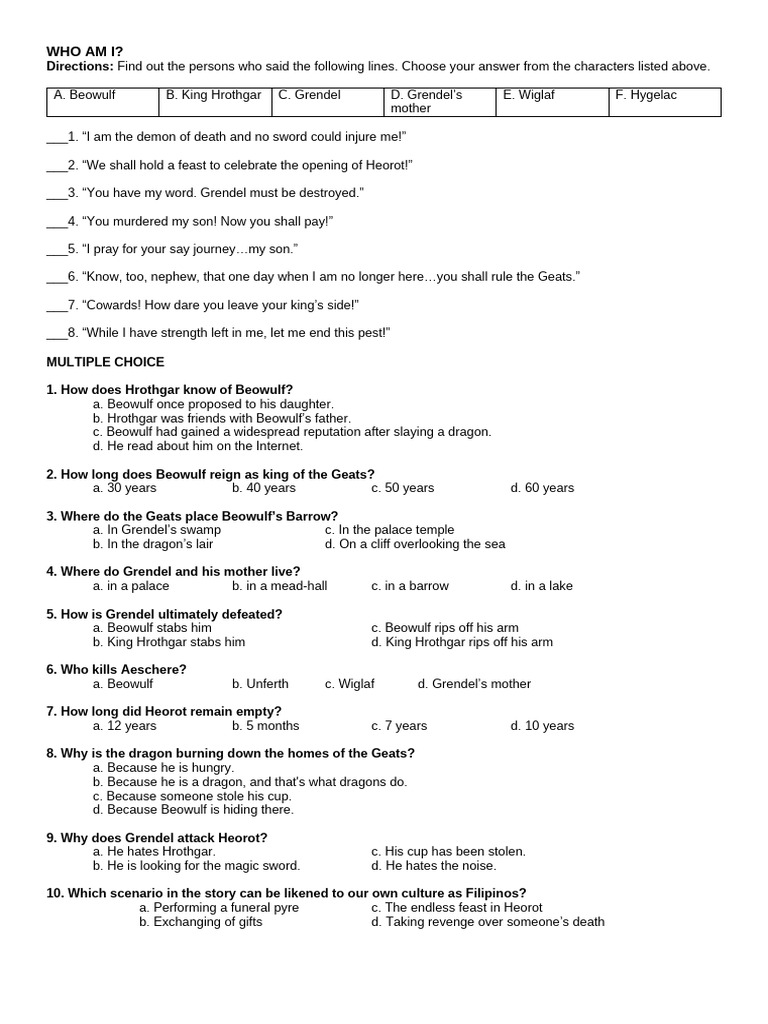 Beowulf Quiz | PDF | Beowulf | Germanic Heroic Legends
