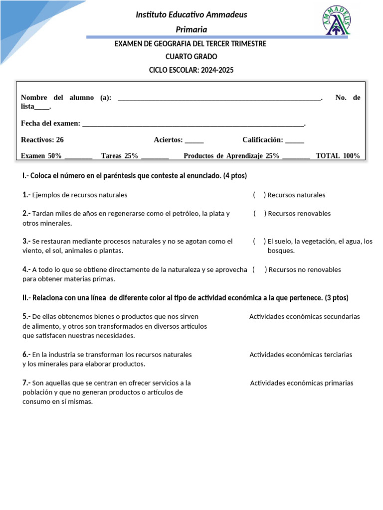 Examen de Geografía 4° Grado 2024-2025 | PDF | Naturaleza | Entorno natural
