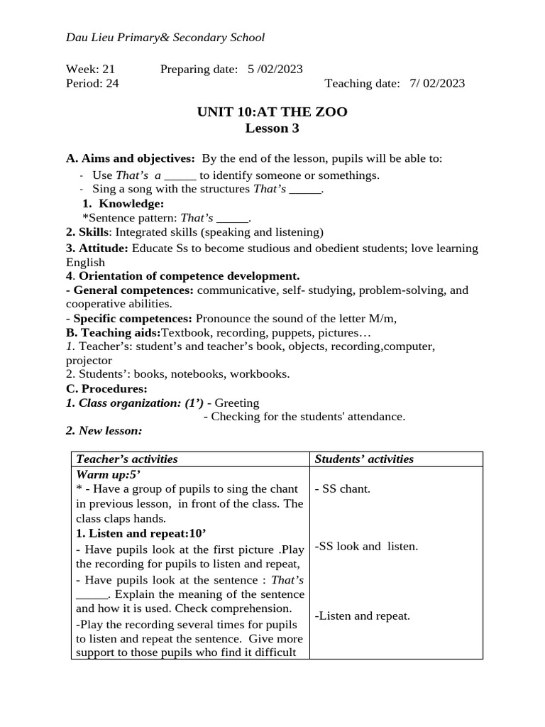 Grade 1 English Lesson: At the Zoo | PDF | Human Communication | Learning