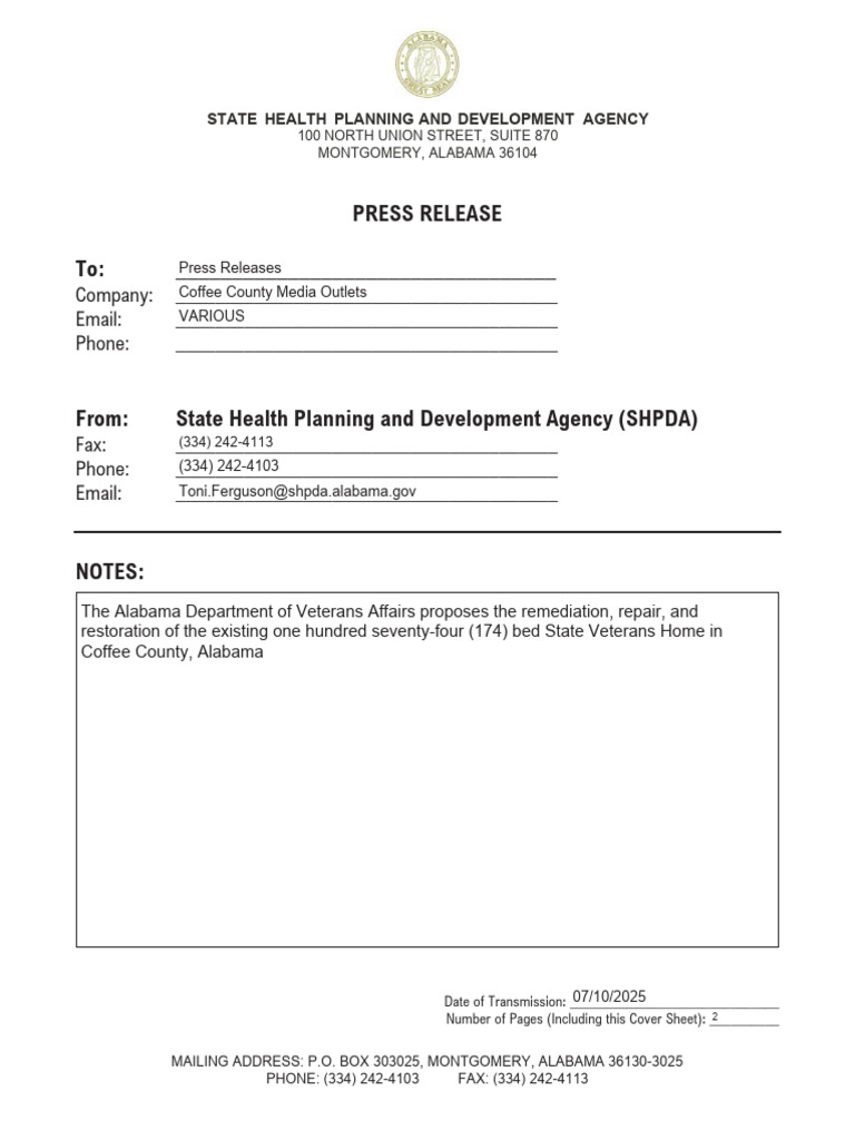 Alabama State Health Planning and Development Agency Press Release - 7 ...