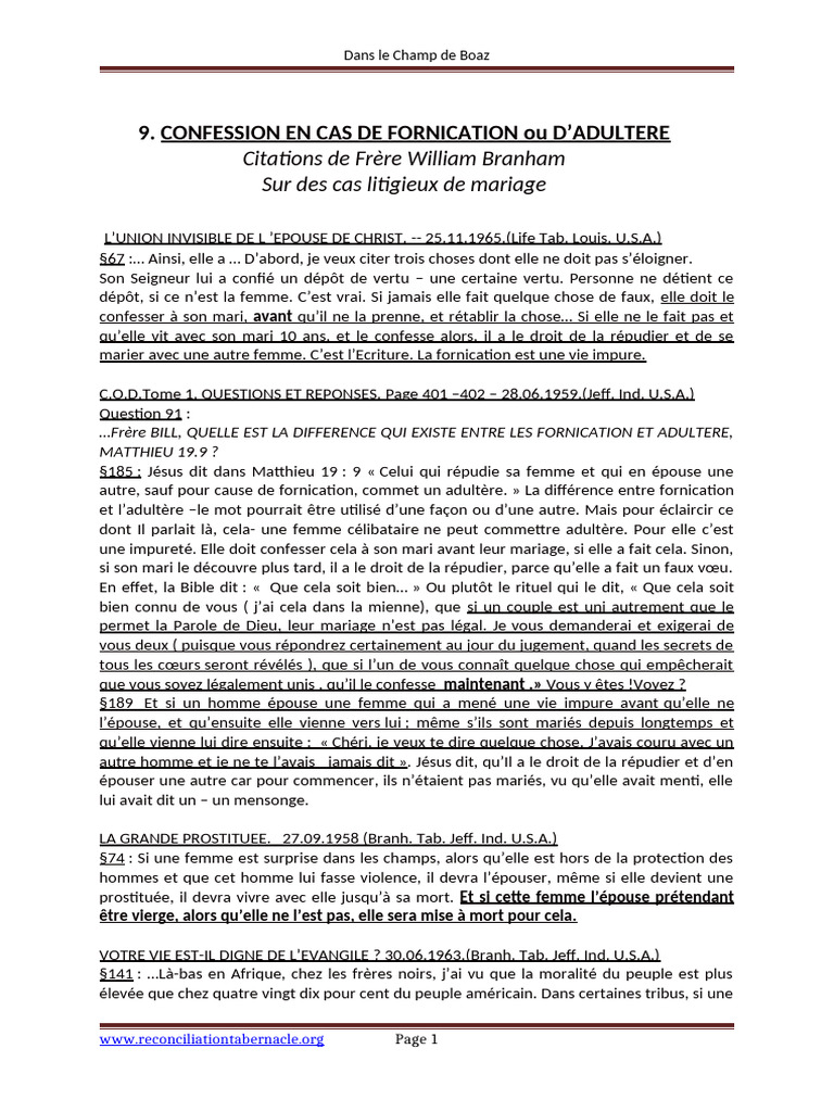 Fornication et Adulterie selon Branham | PDF