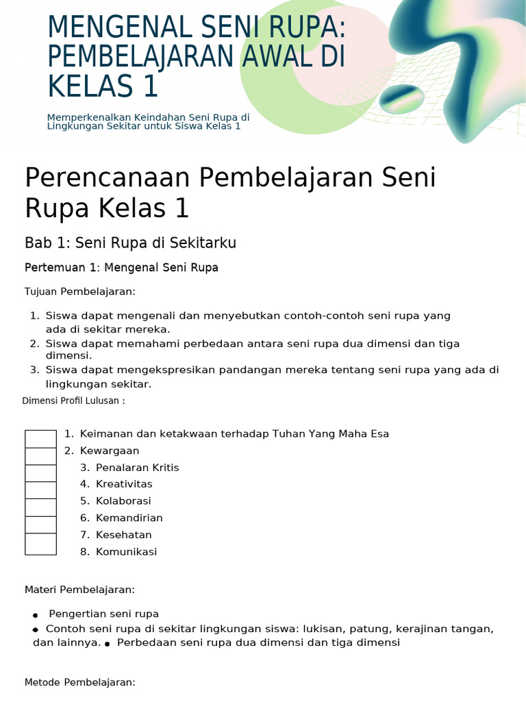 Soal Seni Rupa Kelas 1 SD Semester 1 | PDF