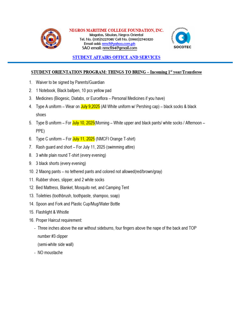 NMCFI - Things To Bring For Student Orientation Program | PDF