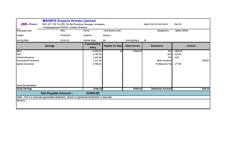 December 2023 Salary Slip for Safety Officer | PDF | Expense ...