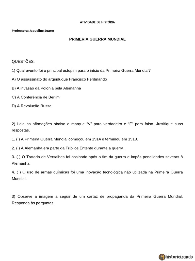 Questões sobre a Primeira Guerra Mundial | PDF | Primeira Guerra ...