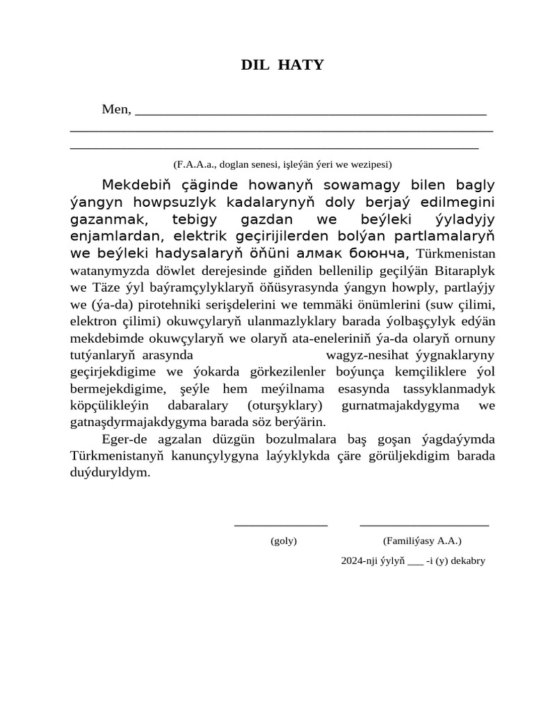 Dil Haty: (F.A.A.a., Doglan Senesi, Işleýän Ýeri We Wezipesi) | PDF