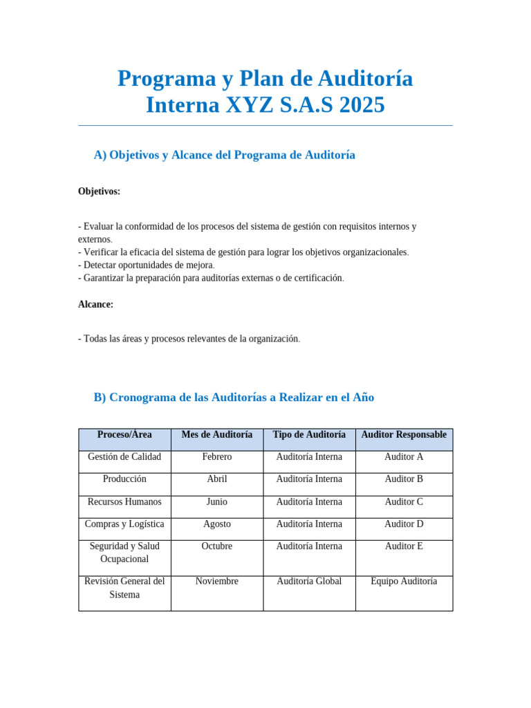 Plan de Auditoría Interna 2025 XYZ S.A.S | PDF | Auditoría | Contralor