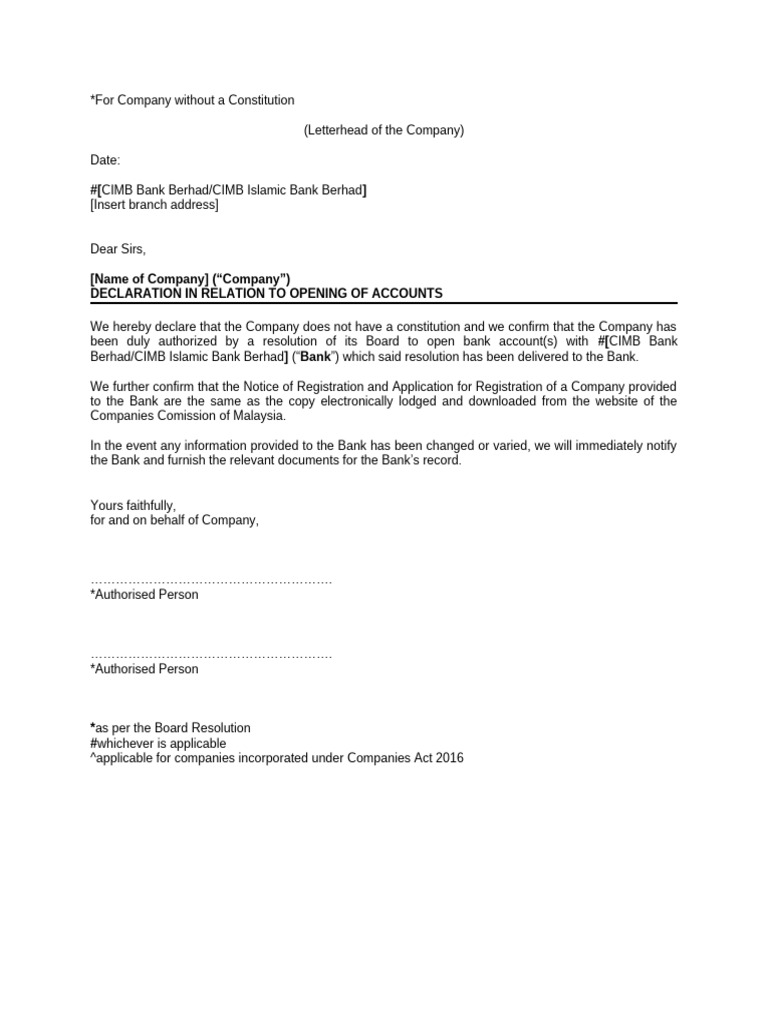 CIMB Bank Account Declaration Template | PDF