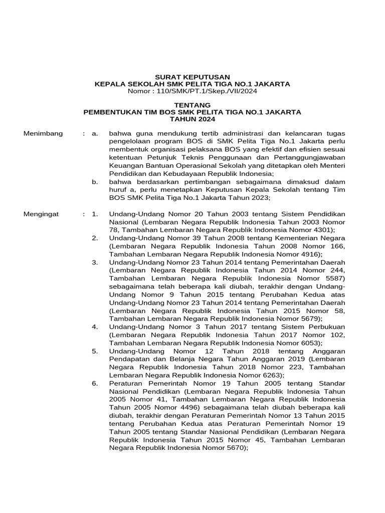 Pembentukan Tim BOS SMK Pelita Tiga | PDF