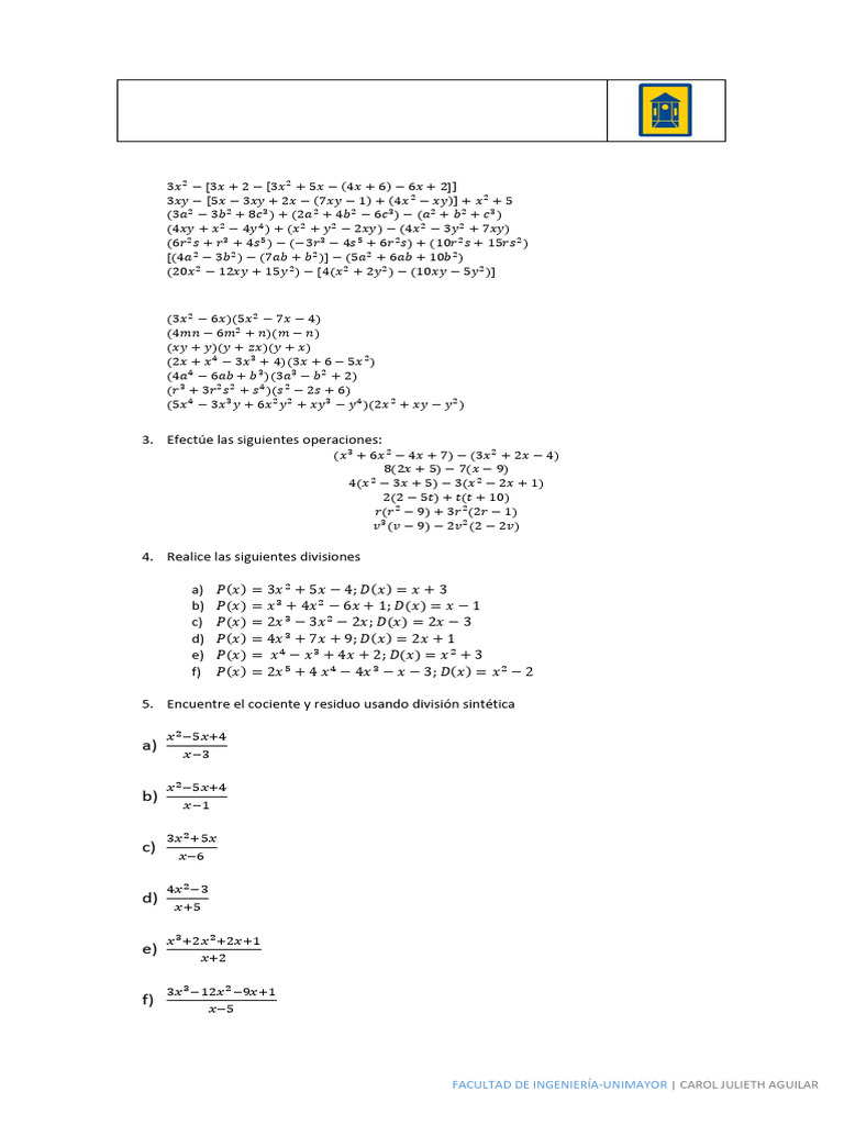 Taller 3 Expresiones Algebraícas y Polinomios | PDF
