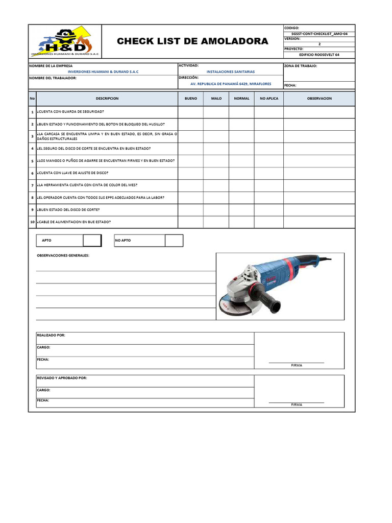 Checklist de Amoladora para Seguridad | PDF