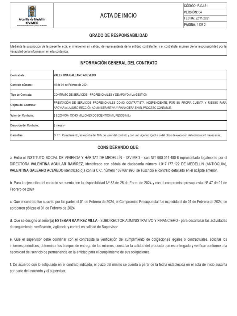 Acta de Inicio Contrato Servicios 2024 | PDF