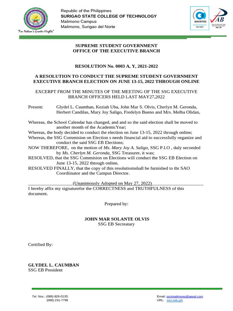 SSG Executive Branch Election Resolution | PDF