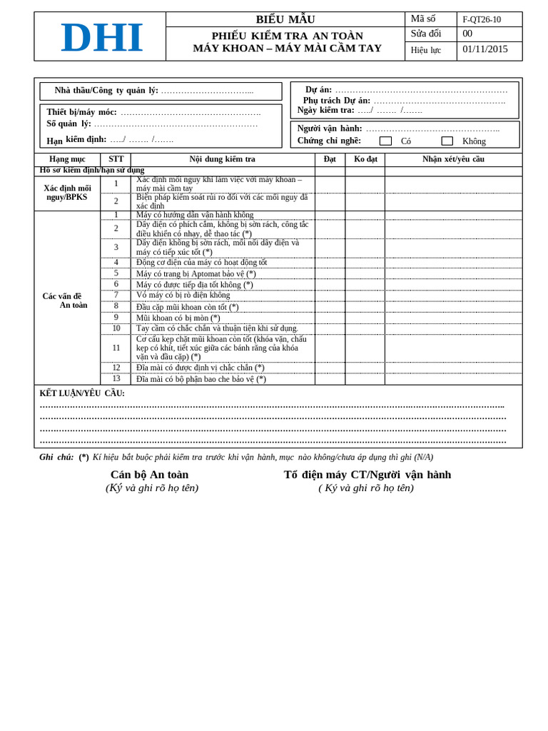 10.F-qt26-10 Checklist-May Khoan-May Mai Cam Tay | PDF