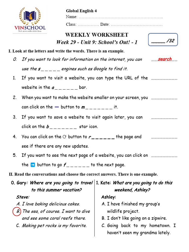 Weekly English Worksheet: Unit 9 Activities | PDF