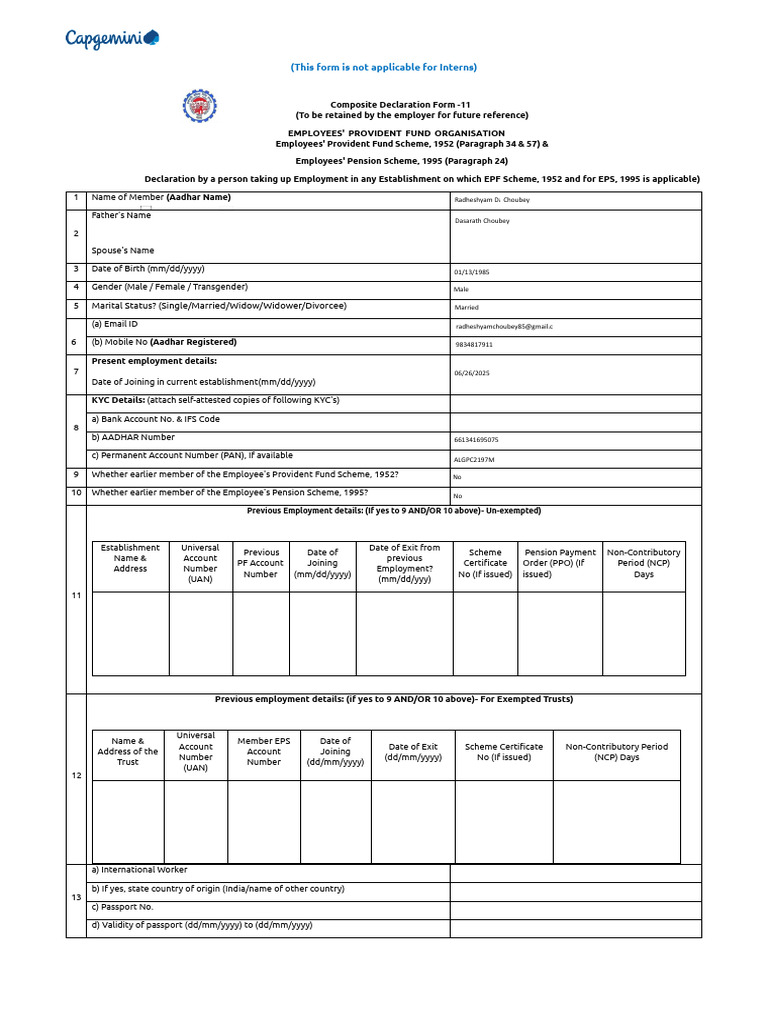 CG - PF Declaration - Form 11 | PDF | Authentication