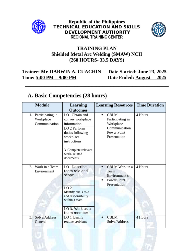 SMAW NCII Training Plan Overview | PDF | Personal Protective Equipment ...