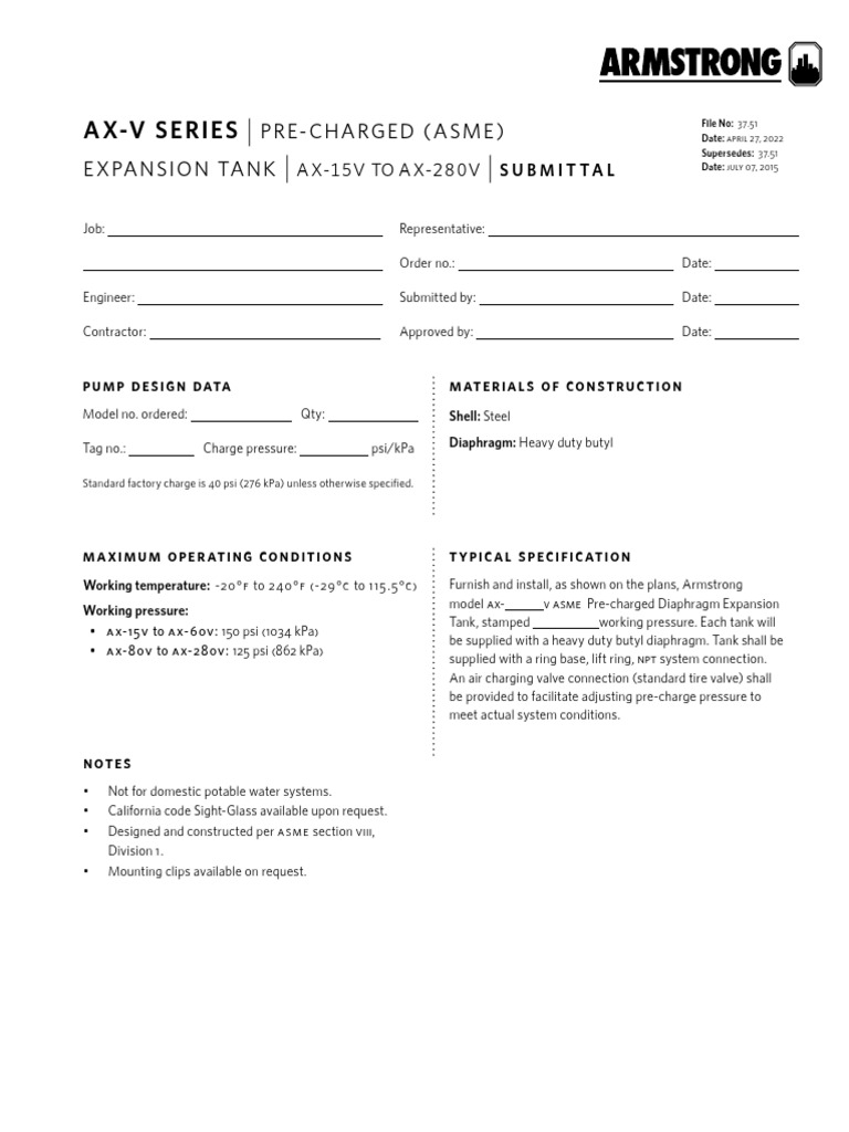 37 51 Expansion Tank AX15VtoAX280V Submittal | PDF | Hydraulics | Equipment