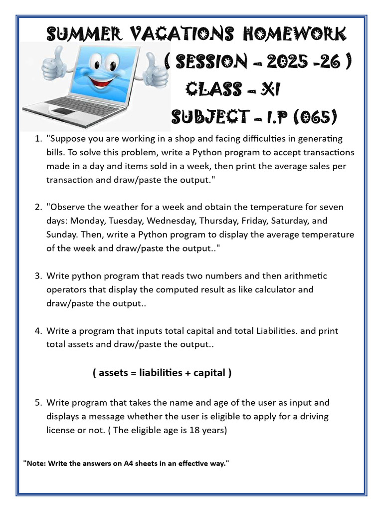 Class XI Summer Homework: Python Tasks | PDF