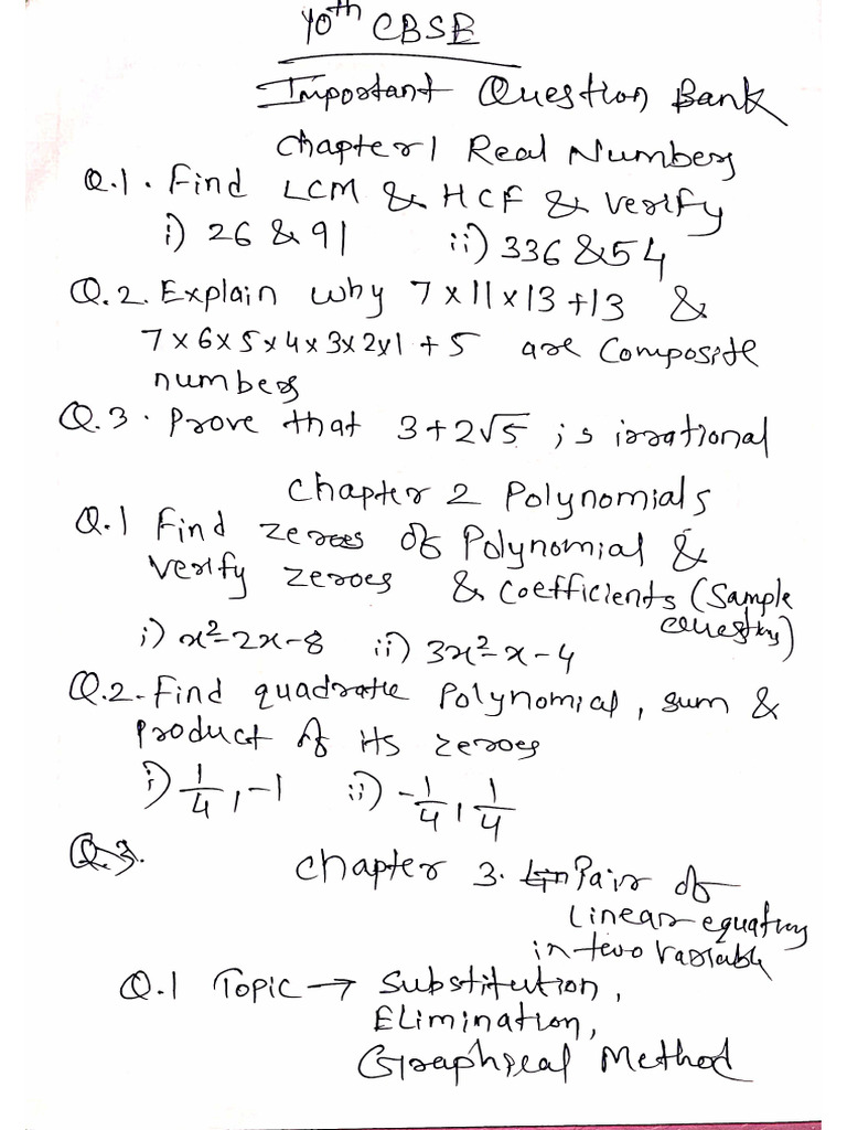 10th CBSE Important Question Bank | PDF